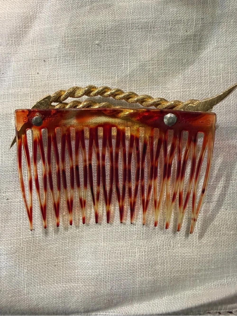 Vintage Tortoiseshell Hair Comb Gold Tone Leaf Mid Century Hair Accessory